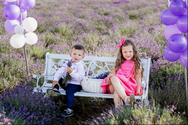 Sister and brother posing in a lavender field 